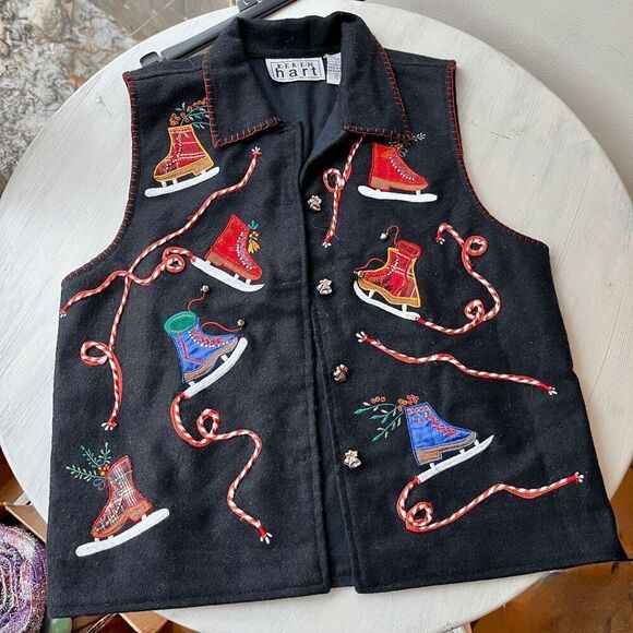 Keren Hart Embroidered Wool Vest Ice Skates Holiday Motif Size M Christmas - Picture 12 of 12